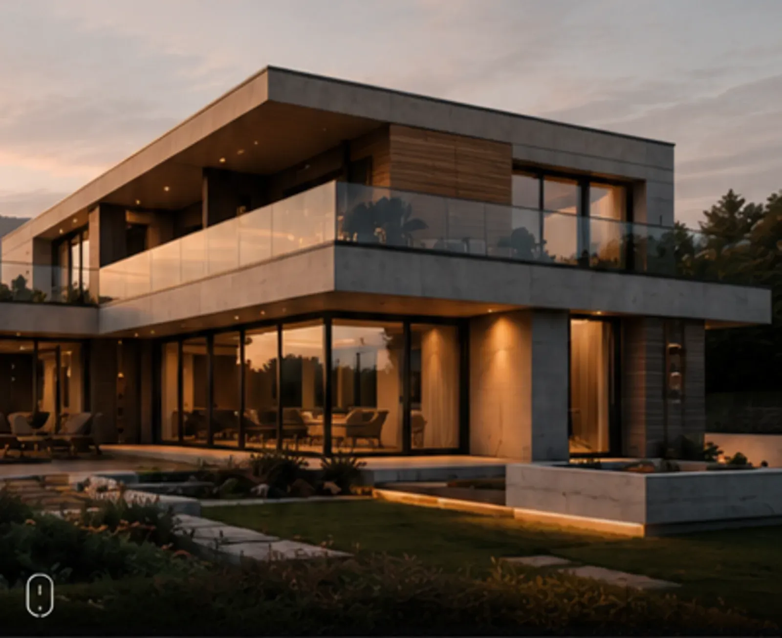 Modernes Einfamilienhaus in der Abenddämmerung (Platzhalter aus dem Entwurf)